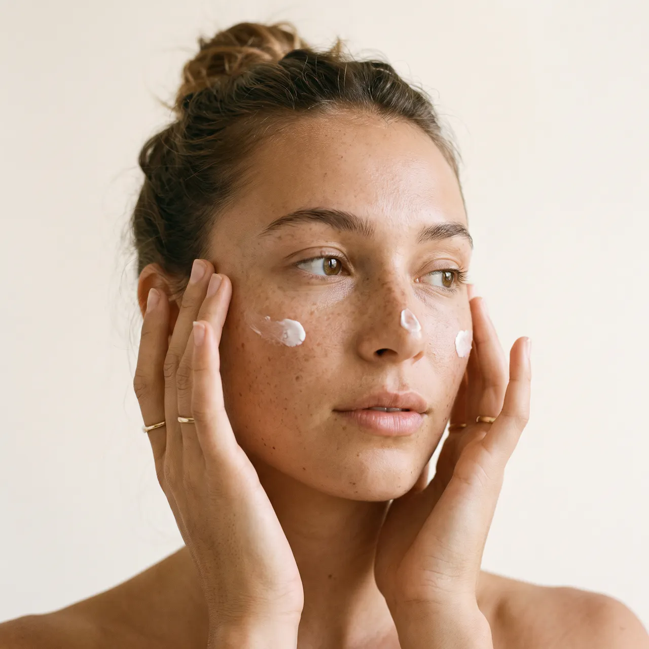 Una donna applica una crema sul viso
